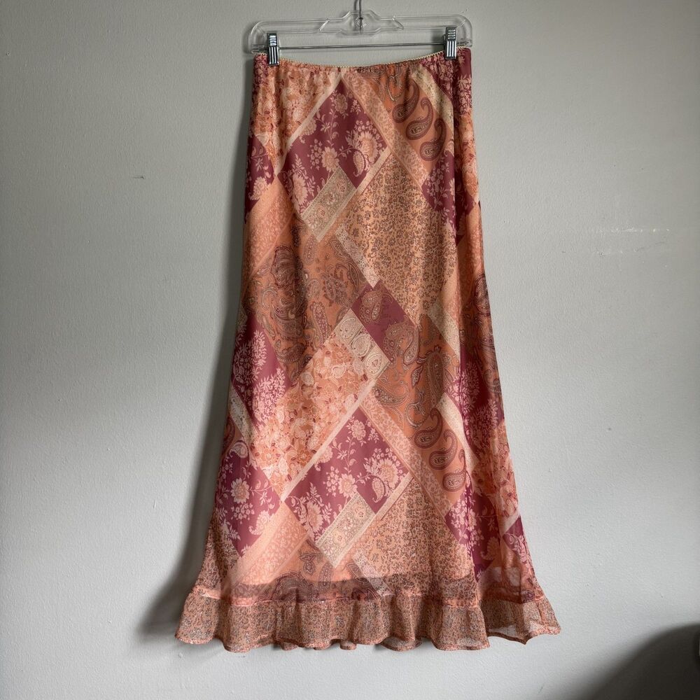 Y2K Ruffle Hem Maxi Skirt Pink Size 14 Floral Paisley Peasant Boho Fairy Whimsy - Picture 9 of 11